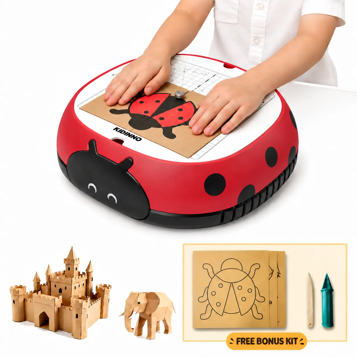 KIDINNO Safe Power Cardboard Cutter - Safe Blade, Low-Voltage Operation, Eco-Friendly Red & Black Upcycled STEM/STEAM Toy, Screen-Free Family Fun, 3mm Max Precise Cut, Warm Noise Reminder, Christmas/Halloween Gift Kids Love for DIY Engineering Projects