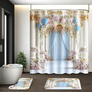 4Pcs Luxury Floral Arch Print Elegant Romantic Wedding Multi-Color 72*72Inches Shower Curtain Set Bathroom Decoration Accessories