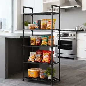 5-Layer Space-Saving Open Shelf Storage Rack, Multi-Functional Tiered Organizer for Home, Durable Plastic, Stable Load-Bearing Capacity, Floor Mount, No Assembly, Suitable for Various Room Types, Easy to Store Books, Kitchen Supplies