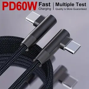 20V3A USB-C to USB-C Data Cable, 60W 90-Degree Angle Type-C Nylon Braided Fast Charging Cable, Compatible with MacBook Pro 2021, iPad Pro 2021, for Samsung, Pixel, LG (Black)