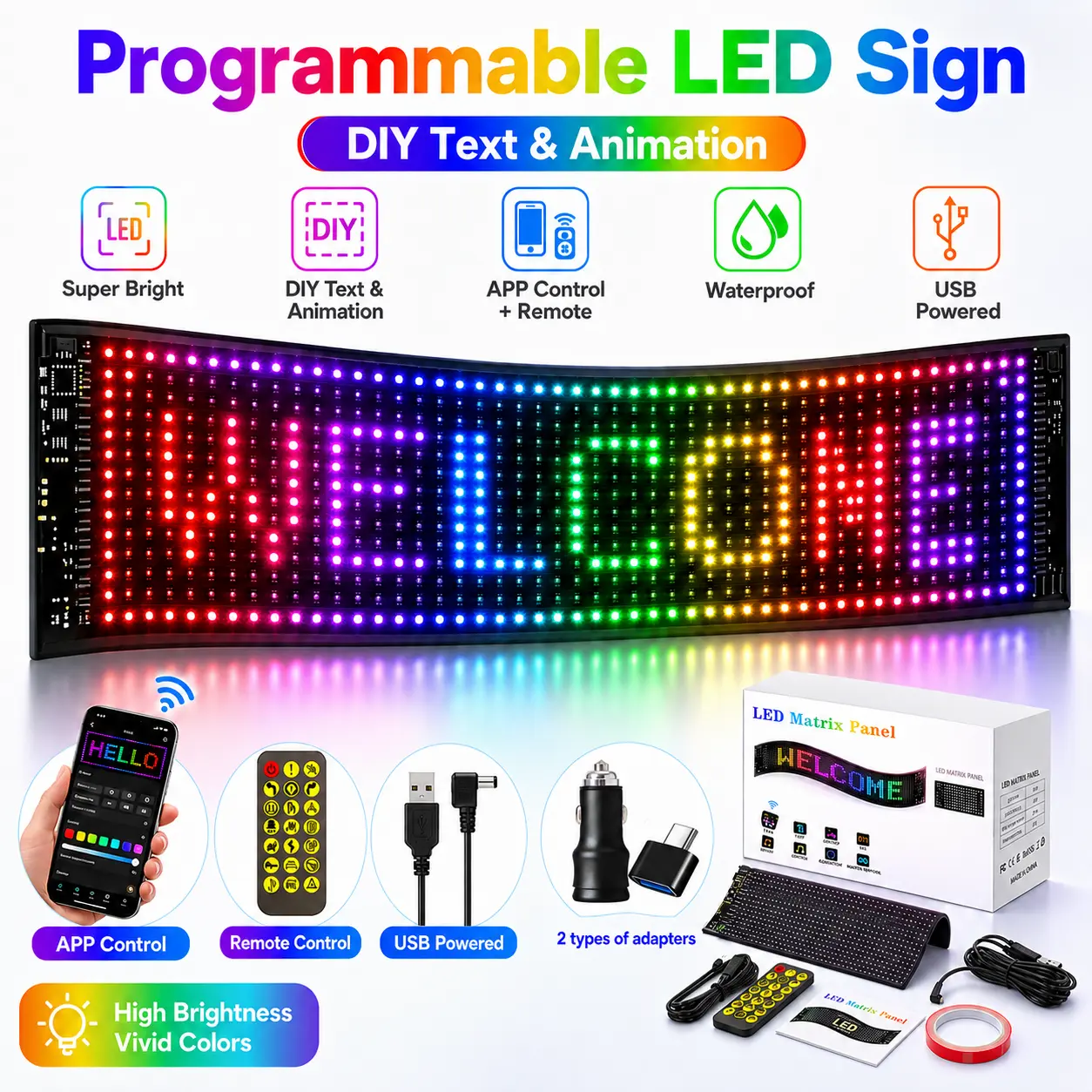 Programmable LED Sign, Flexible RGB Matrix Panel With APP Control & Remote, DIY Text Animation Display, Waterproof USB Powered Message Board For Shop Window, Bar, Party, Game Room Decor, Includes 2 Types Of Adapters