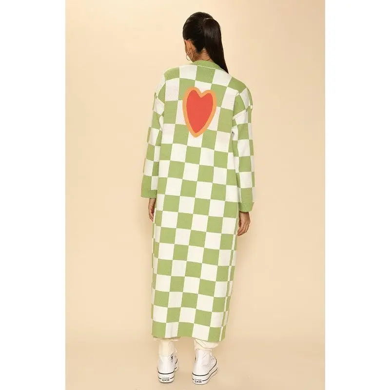 Long knit checkered cardigan
