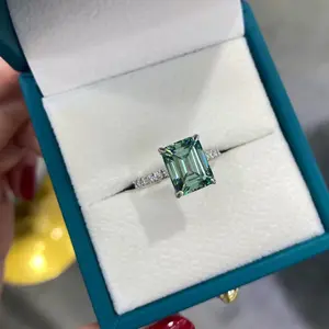 S925 Sterling Silver Ring with Emerald-Cut 4CT  8*10mm Teal Moissanite