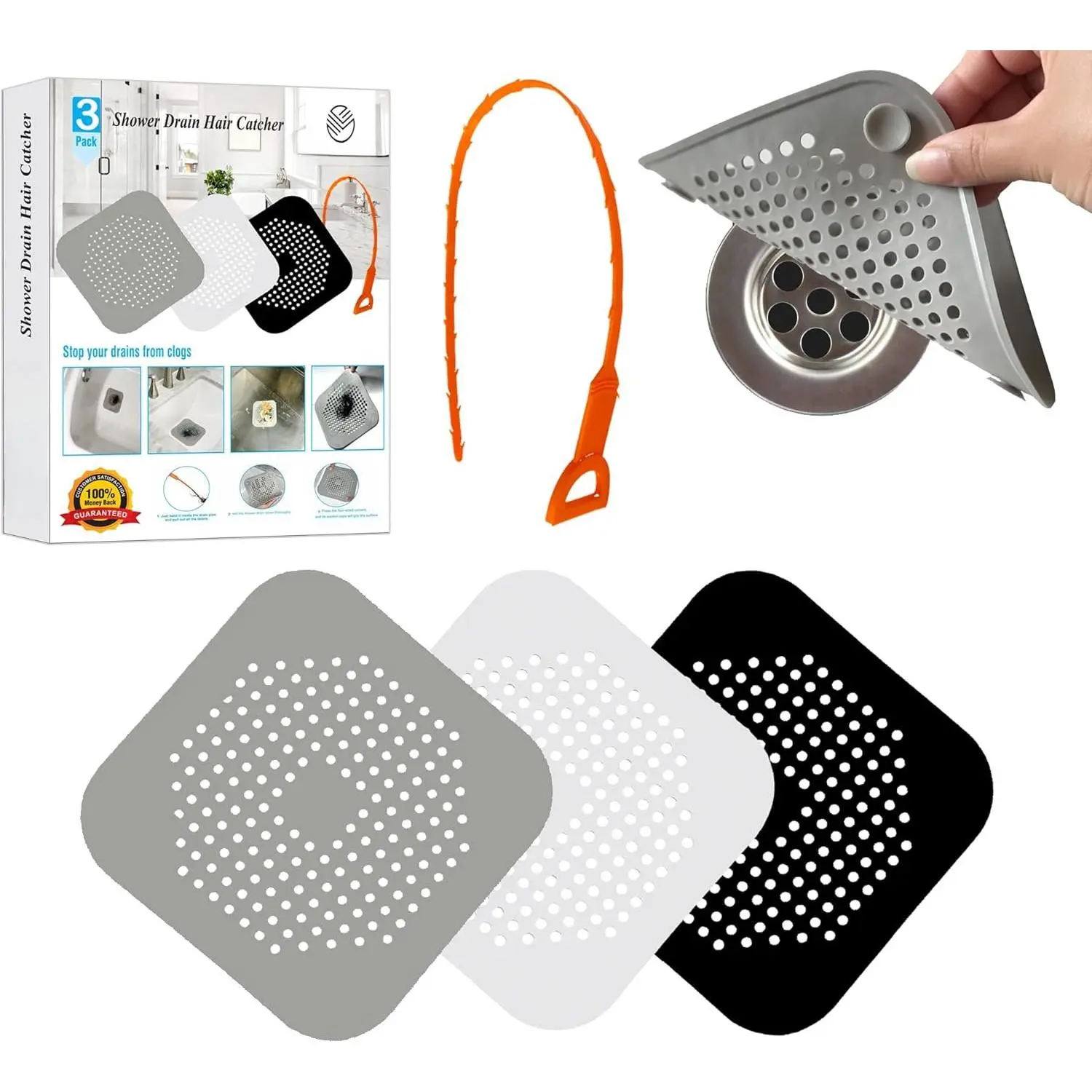 3 Pack Shower Hair Drain Catcher is Hair Stopper for Shower Drain with 4 Suction Cups Easy to Install Hair Catcher Shower Drain Suit for Bathroom Bathtub Kitchen (Grey Black & White)