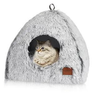 Cat Bed, Cat Cave for Indoor Cats, Soft Cat Dome, Self-Warming 2 in 1 Foldable Pet Cat House with Washable Cushioned Pillow Calming Fluffy Dog Beds for Small Dogs with Anti-Slip Bottom Gray