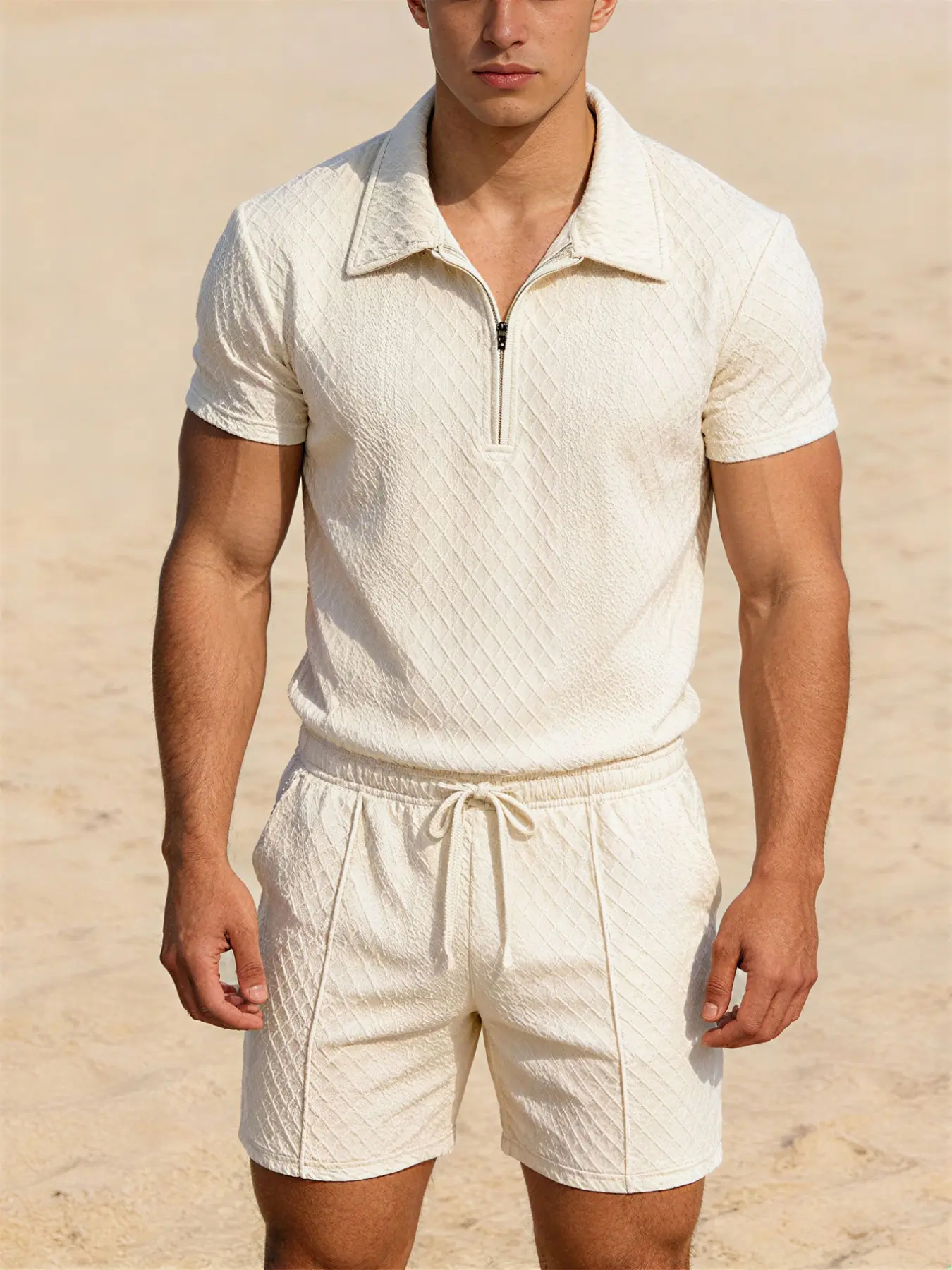 Men's Two-Piece Set Textured Polo Shirt and Shorts, Casual Sports Menswear Summer Tropical Outdoor Beach Wear, Asymmetrical Design, Plain, Loose-Fitting, Short Sleeve