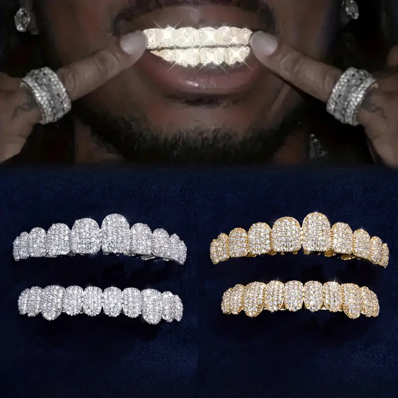 popular2count Hip Hop Cubic Zirconia Teeth Grill, Set Up Sparkling Punk Teeth Caps for Rappernd Role Playe, Top and Bottom Kits, Fashionable custom  grillz grills Retainer Braces Stainless Wire Brace