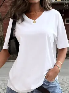Plus Size V Neck Loose Fit Casual T-Shirt for Women, Plain Basic Short Sleeve Top, Comfortable Soft Cotton Tee, Ideal for Spring & Summer