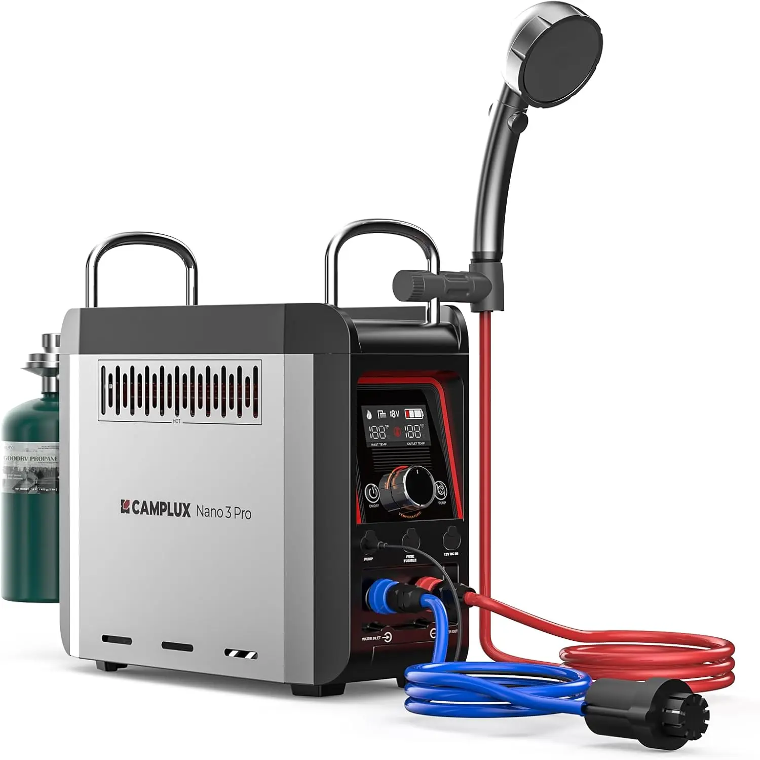 CAMPLUX Nano 3 Pro Battery-Powered Portable Water Heater - 1 lb On-Demand Propane Unit with 4,000 mAh Battery, Shower Pump, Gas Regulator, CSA Certified for Outdoor Fishing, Camping, 13.7 lbs Ground-Mounted 110v Household Appliance