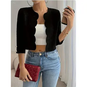 Elegant commuter short jacket with a woven wave texture, slim-fit seven-quarter-sleeve cardigan with metal buttons, simple and stylish outdoor top GARMENTARY