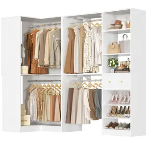 Closet System Set of 2 - Corner Closet Organizer System with Drawer/9 Shelves/4 Hanging Rods, 91.3" L-Shaped Walk-In Wardrobe Organizer, 1800+ lbs Capacity