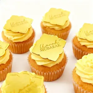 10pcs Engraved Umrah Mubarak Acrylic Cake Charm Muslim Islamic Eid Al Adha Mirrored Acrylic Cupcake Topper Wedding Cake Topper Dinner Table Decor