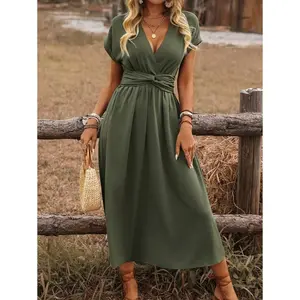 Women's Spring/Summer Bohemian Vacation Style Casual Shirred Waistline Drawstring Twist Knot Back Dolman Sleeve Flare Hem Midi Dress
