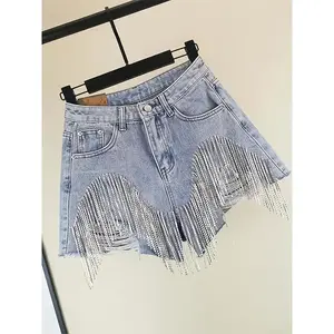 Women’s high-waisted ripped denim shorts, inlaid with rhinestones and pearl tassels, featuring soft frayed edges—comfortable summer denim shorts in a light blue vintage design; women’s high-waist bottoms.