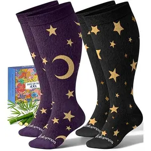 Bamboo Wide Calf Compression Socks for Women Men - 2 Pair 15-20 mmHg Plus Size Graduated Compression Socks