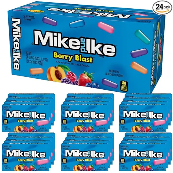 MIKE AND IKE Berry Blast Sweet Chewy Candy Fruit Snacks, 0.78 oz Box (Pack of 24), Low-Fat Vending Machine Snack with Strawberry, Corn, Sugar, Natural & Artificial Fruit Flavors