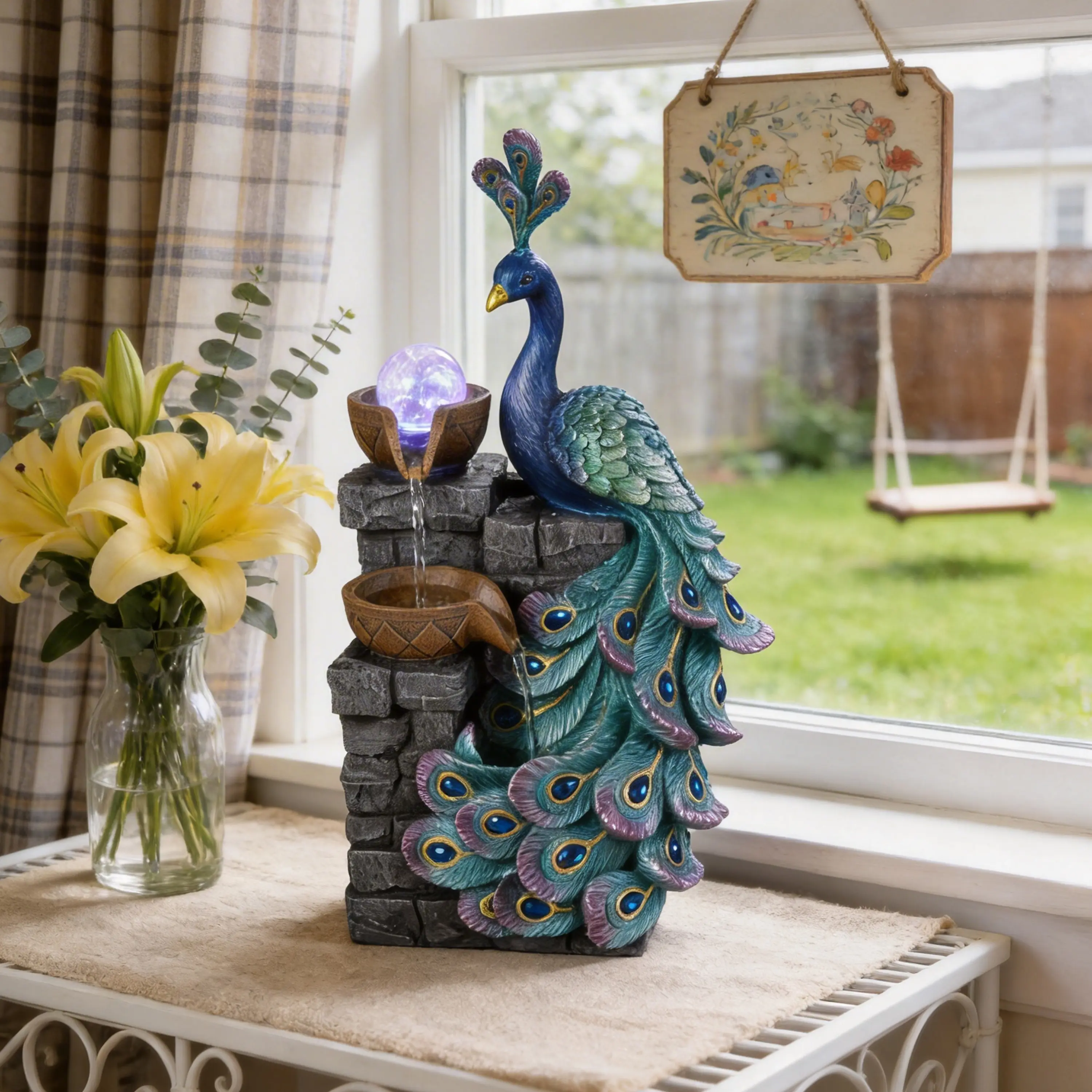 MAOCHI Elegant Peacock Desktop Water Fountain - 13.78in Tall, with Color-Shift LED Glass Globe, Decorative Modern Zen Calming Water Decor for Office Desk, Living Room