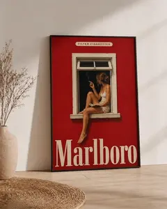 Vintage Marlboro Style Poster Red Wall Art Minimalist Retro Cigarette Ad Print Mid Century Modern Mancave Decor