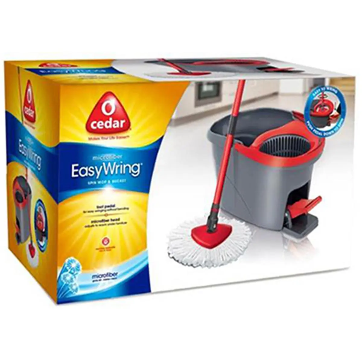 O-Cedar Mop and Bucket Complete Set - Easy Wring, Pedal-Activated Self-Drying, Absorbent Microfiber Mop Head, Adjustable Extendable Long-Handled for All Height Users Home Clean Floors Solution