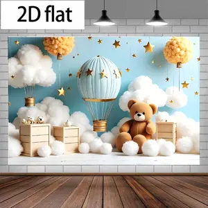 1pc whimsical light blue hot air balloon Christmas decoration, plush teddy bear and pom pom decoration, wooden box, gold stars and clouds, soft and cozy home/party decoration, Christmas wall hanging, indoor holiday decorations