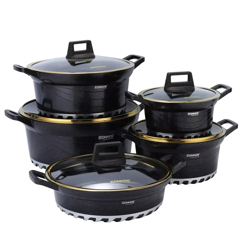 Donnor Luxury Diamond Black Cookware Set - Elegant Kitchenware with Gold Trim and Durable Design
