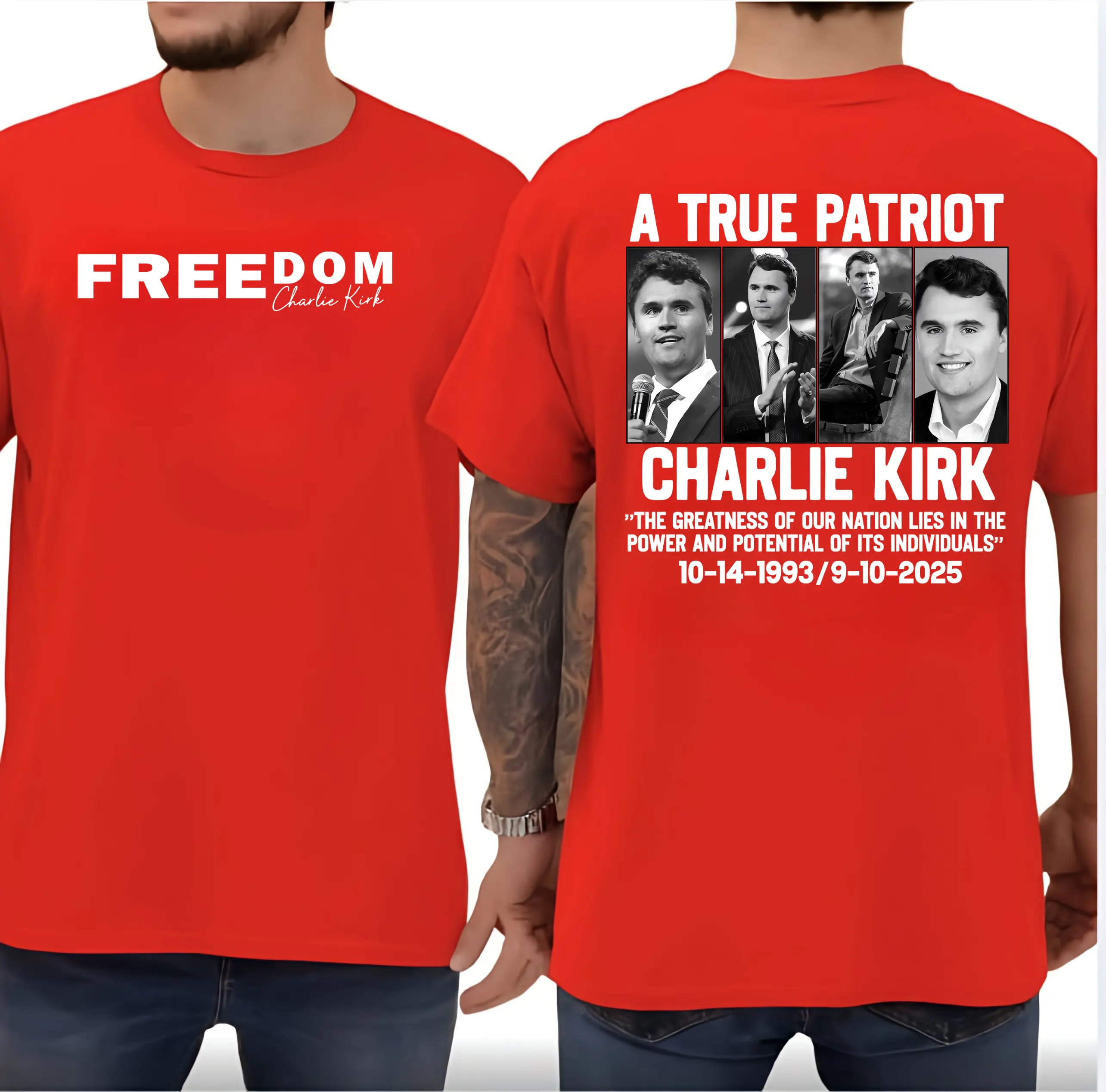 Freedom Charlie Kirk 2-Sided Short-Sleeve Casual Menswear Top T-Shirt, Justice for Charlie Kirk Faith-Based Unisex USA-Made Apparel