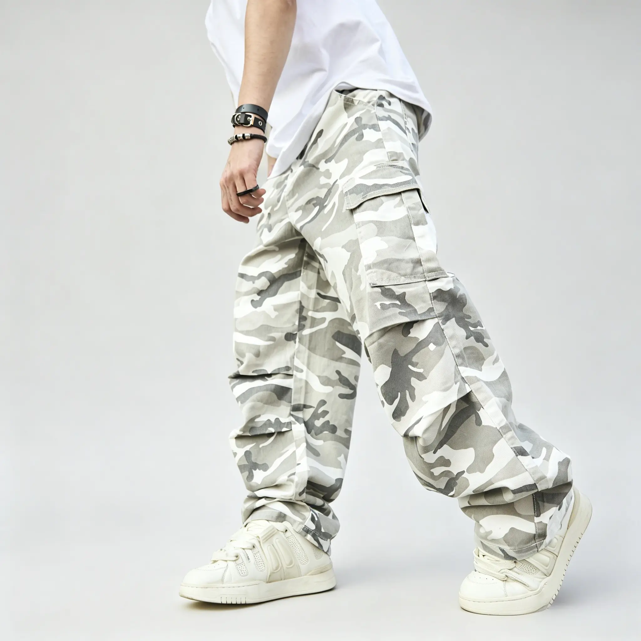 Men's Camo Cargo Pants, Military Style Menswear in Casual Fashion Denim with a Loose Straight Fit and Multiple Pockets, Military Style Outfits, Cotton Fabric, Jeans