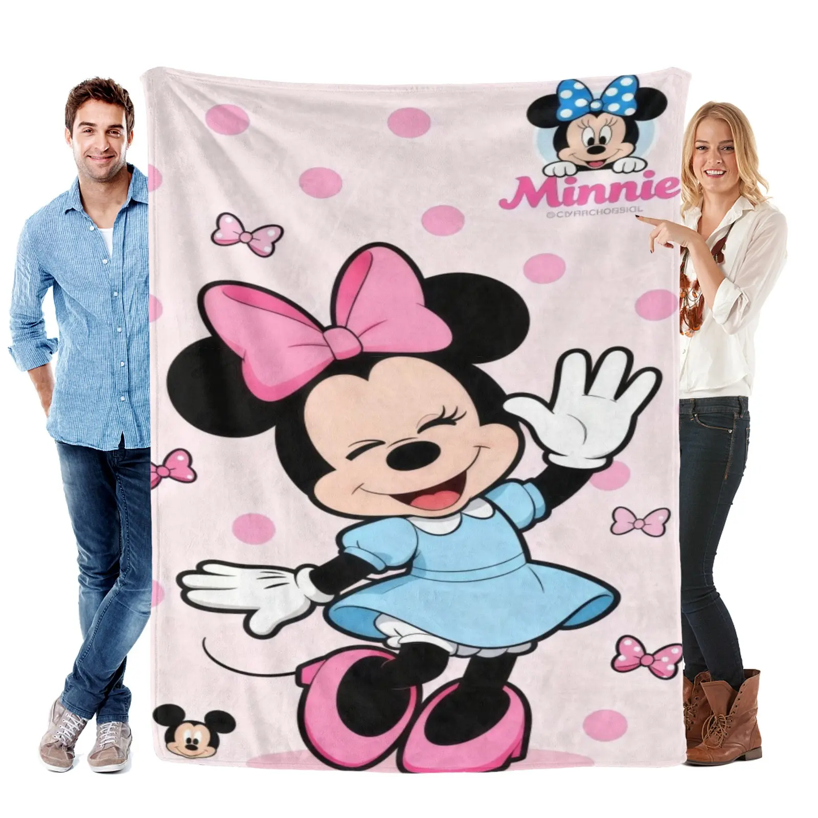[Summervibes] Pink Dot Background Cute Minnie Blanket, Soft Flannel, Kawaii Disney Throw Blanket For Living Room Couch