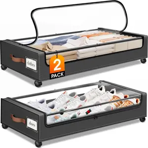 Premium 2 Pack Under Bed Storage with Wheels, 60L Large Lapacity UnderBed Storage Containers with Clear Lid and Leather Handles, Under the Bed Storage Bins Drawers for Clothes, Blankets, Shoes, Books, Black & Grey