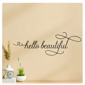 Hello Beautiful - Large Motivational Inspirational Wall Decal for Home Bathroom Decor Quote Beauty Salon Makeup Room Wall Art Sticker, Removable Vinyl