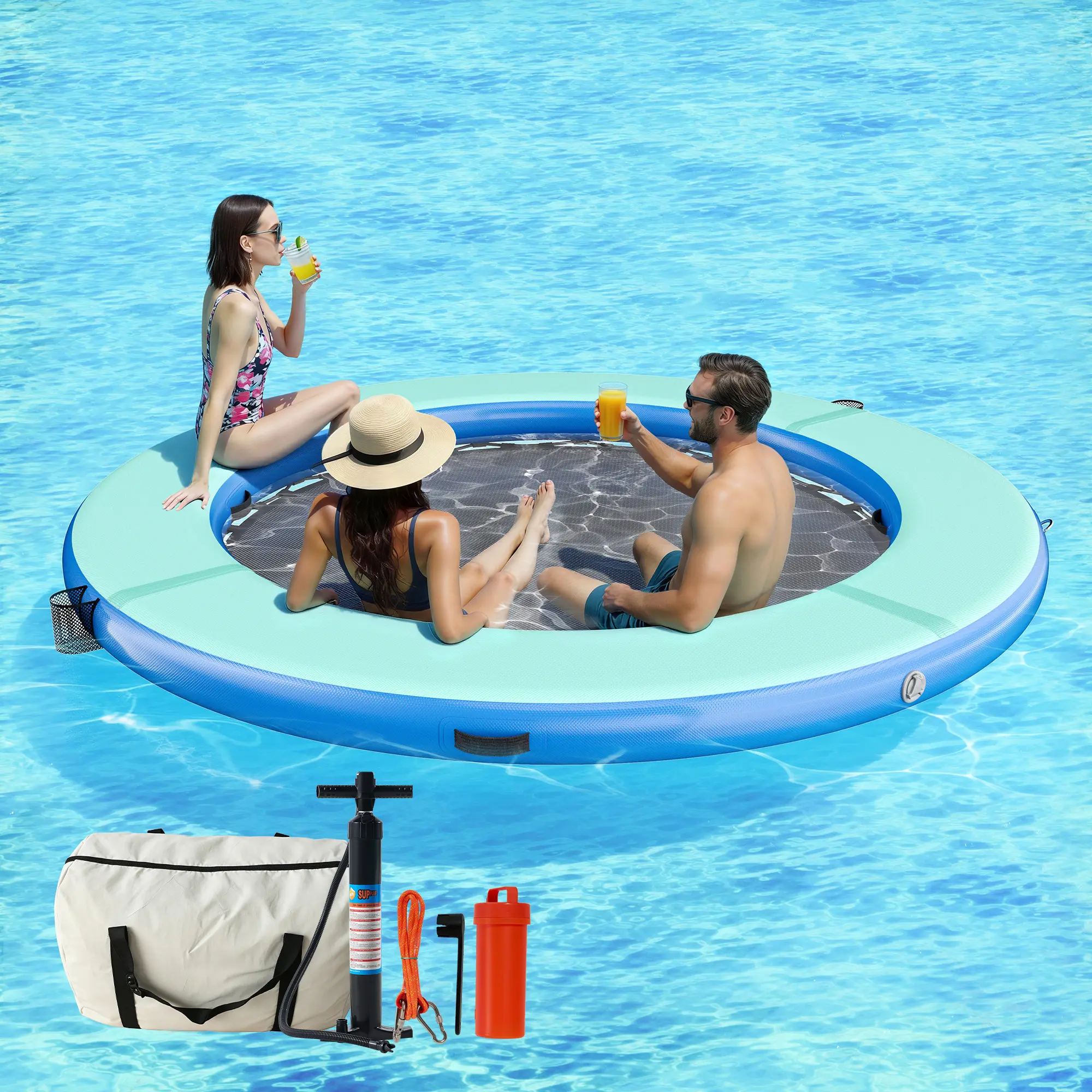 [Brandday][Memorialday] AMERLIFE 8FT/10FT/12FT Hexagon/Circle/Triangle Inflatable Water Hammock for Adults, Fun for Kids Ages 3+, Floating Raft Dock Platform with Mesh, Heavy Duty Water Float Dock for Lake, Beach, Summer Party