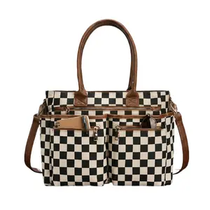 Women's Checkerboard Pattern Zipper Crossbody Tote Bag, Large Capacity Multi-Pocket Design Portable Shoulder Bag For Daily Used, Girl Fashionable Shopping Bag