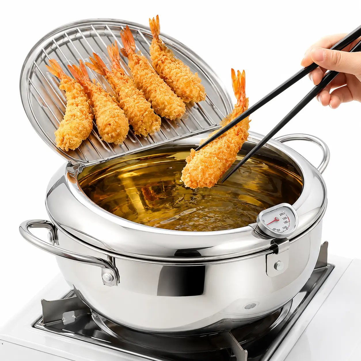 【SummerWins】Stainless Steel Deep Fryer Pot with Temperature Control & Oil Drip Rack, Household Kitchen Fryer Pot for French Fries, Chicken, Durable Multifunctional Cookware, Adjustable Temperature Fryer, Fish Fryer Boiler, Home Deep Fryer
