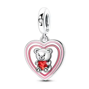 MULA Heart Bear Pendant, 925 Silver-plated, set with red crystals and glass ornaments, teddy bear design, compatible with Pandora bracelets, is the perfect gift for women and girls.