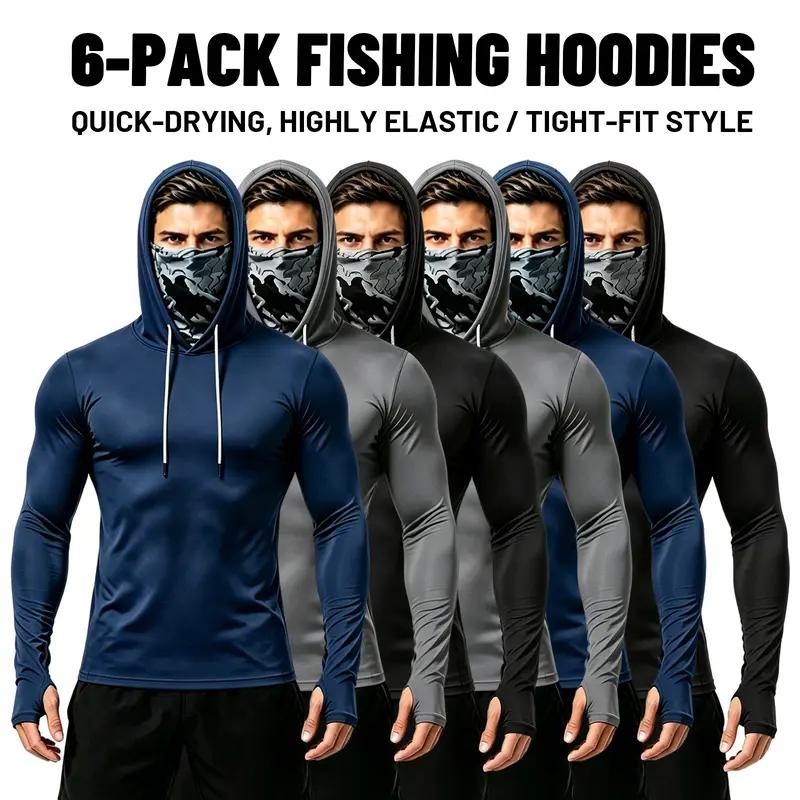 Men's 6-Pack Plain All-Season Polyester Sun Protection Long Sleeve Hooded Shirts - 4-Way Stretch Quick Dry Compression Fit Work Shirts with Built-in Face Mask & Neck Gaiter, UV Protection for Fishing, Outdoor Work