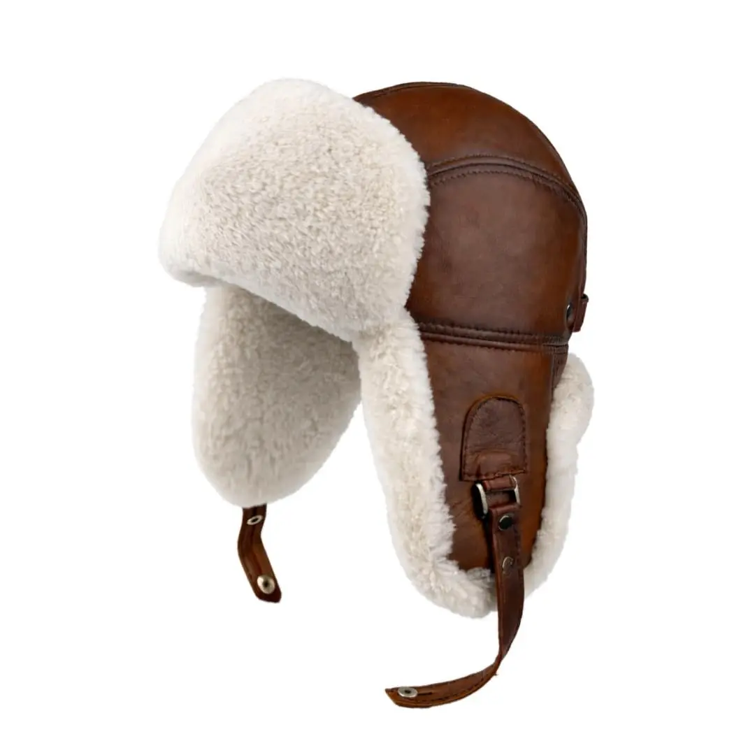 Trapper Hat for Men & Women – Genuine Sheepskin Ushanka, Natural Fur Lined, Leather Hat with Ear Flap