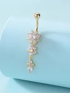 Luxury Fashion Flower Long Zircon Cubic Zirconia Belly Button Ring Navel Piercing Jewelry for Women, Casual Ditsy Floral Design, Copper Material, All Seasons Jewelry