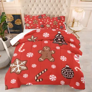 Red Christmas gingerbread man pattern, including 1 quilt and 1 or 2 pillowcases without pillow cores, soft bedroom decorations for children and adults, suitable as birthday and moving holiday gifts