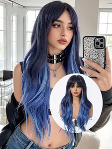 26-Inch Long Blue- Gradient Synthetic Wig, Wavy Hair with Bangs, Heat Resistant, Anime Cosplay Party, Versatile Colorful Wig for Women