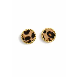 Wild Round Leopard Stud Earrings - Classic Bold Western Style with Twisted Gold Rope Border for Everyday Wear