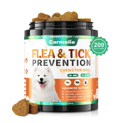 Carmelie Dog Flea & Tick Prevention Support Chews - Collarfree Care, Daily Vitamins & Nutritional Supplement, Soft Texture, 120/200 Count Multi-Pack, Plant-Based Chicken Flavor with Probiotic Boost, Coat Support Oils, Flaxseed for All Breeds & Ages