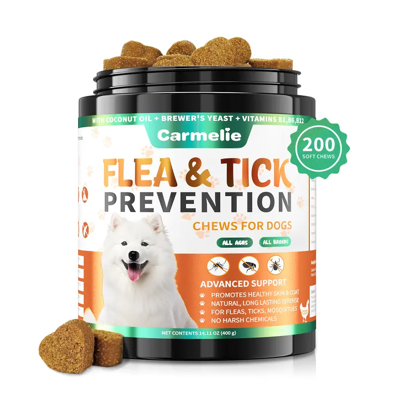 Carmelie Dog Flea & Tick Prevention Support Chews - Collarfree Care, Daily Vitamins & Nutritional Supplement, Soft Texture, 120/200 Count Multi-Pack, Plant-Based Chicken Flavor with Probiotic Boost, Coat Support Oils, Flaxseed for All Breeds & Ages