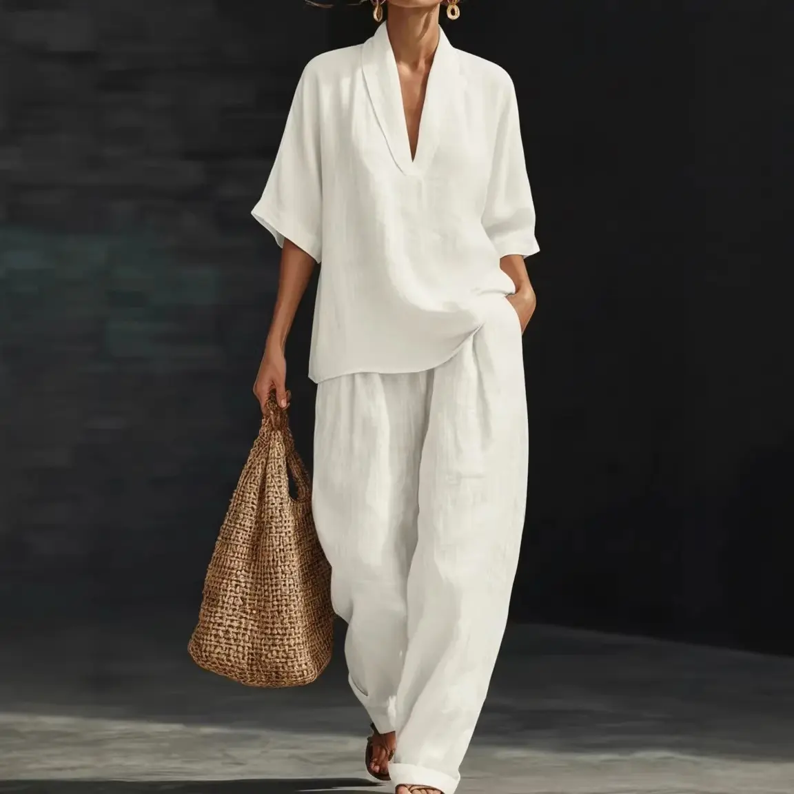 Women's 2-Piece Summer Womenswear Set, V-Neck Mid-Length Sleeve Top & Wide-Leg Pants, Textured Breathable Loose Drapey Fabric - Ideal for Everyday Outings, Evening Walks