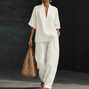 Women's 2-Piece Summer Womenswear Set, V-Neck Mid-Length Sleeve Top & Wide-Leg Pants, Textured Breathable Loose Drapey Fabric - Ideal for Everyday Outings, Evening Walks