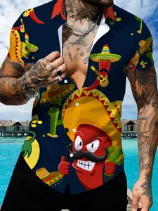 Mexican Style Cartoon Printed Short Sleeve Shirt, Men's Hawaiian Fun Beach Vacation Shirt