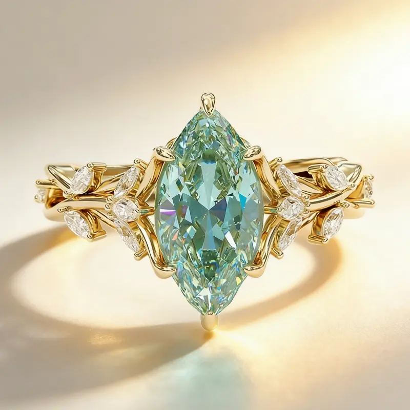 Aossio Gold Leaf Design Dreamy Blue Marquise Fairy Ring