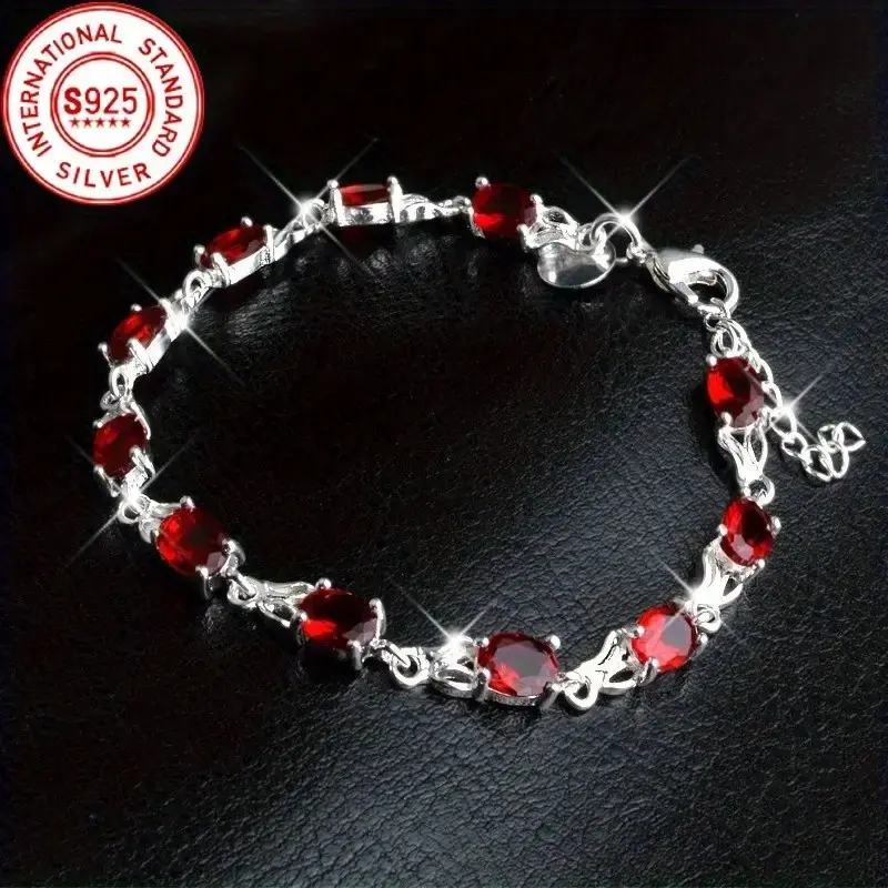 Women's Elegant 925 Sterling Silver Chain Bracelet with Redstone Pendant - Durable Silver Jewelry for Parties, Weddings, Gift-Giving
