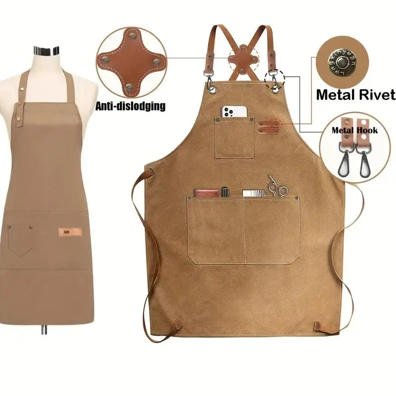 Canvas Apron with Pocket & Rivet, 1 Count Adjustable Cross Back Apron, Anti-dislodging Apron for Men & Women, Apron with Pockets, Cooking, Kitchen Aprons, BBQ, Artist