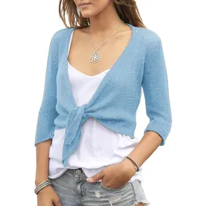 Lannew  Women's Tie Front Shrug 3/4 Sleeve Bolero Sheer Knotted Lightweight Cardigan Sweaters Short Shawl Tops Knitwear Womenswear