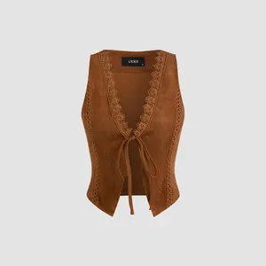 Cider [size 2-10] Suede V-Neck Lace Trim Waistcoat